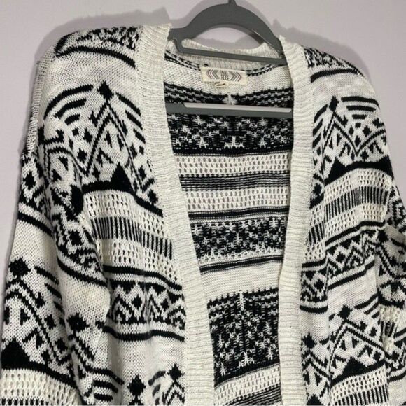 Pink Rose M open front cotton blend black white aztec print longline cardigan - Picture 2 of 11